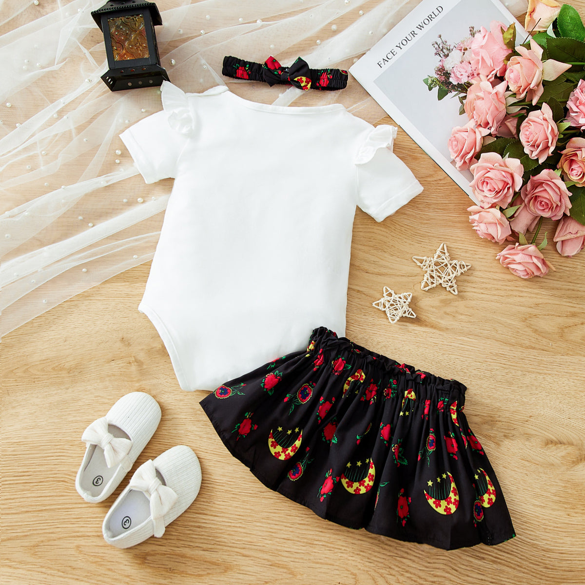 Baby Girl Ramadhan Short Sleeve Romper With Rose And Moon Print Skirt Romper suit