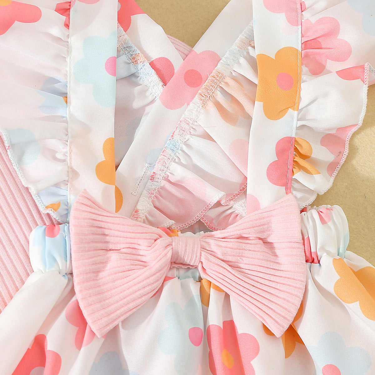 Baby Girl Autumn Sweet Pink Striped Flying Sleeve Triangle Romper and Ruffled Suspender Skirt Bowknot Flower Print Suspender Skirt and Headband 3-piece Set