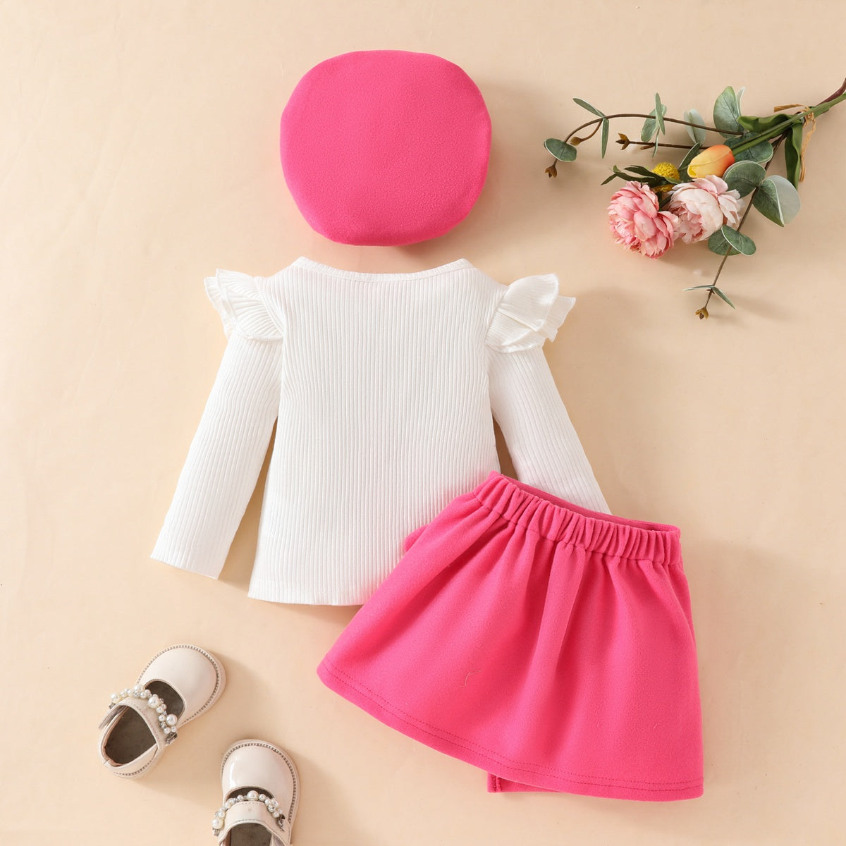 Toddler Girl Fashion Big Bow Ribbon Fabric Top + Tweed Fabric Skirt + Beret Three-piece Set