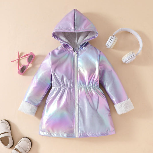 Girls' winter thickened fleece casual cute gradient color long-sleeved mid-length hooded jacket