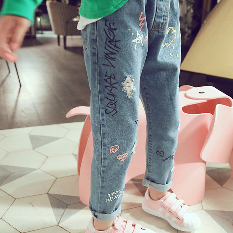 Girls denim skinny pants with print summer casual trousers