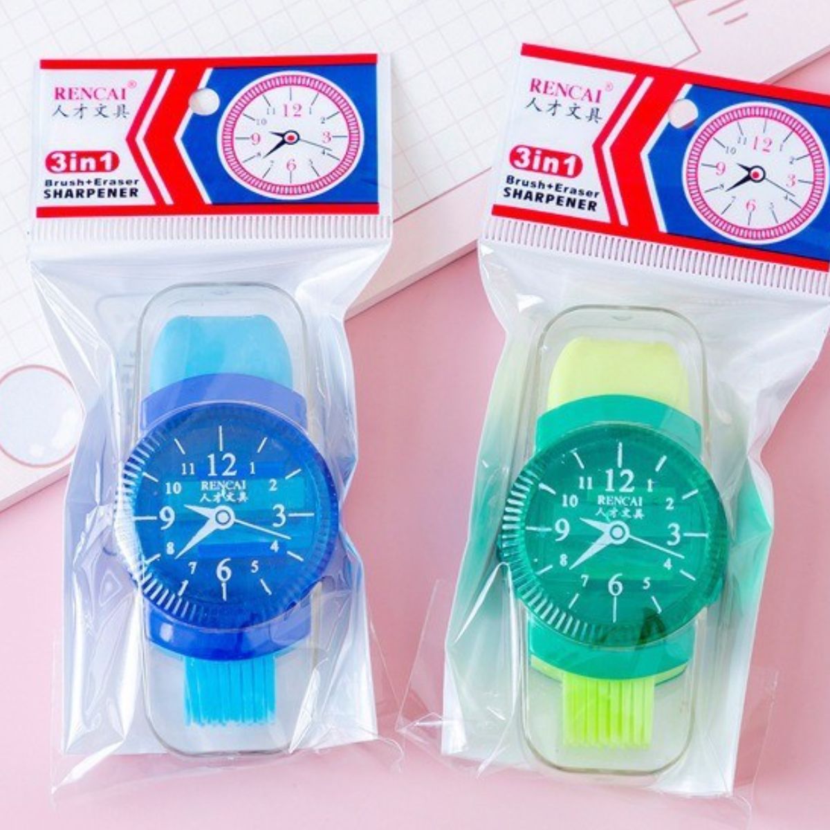 Children's creative watch shape pencil sharpener with eraser cleaning brush three in one multifunctional pencil sharpener for primary school students