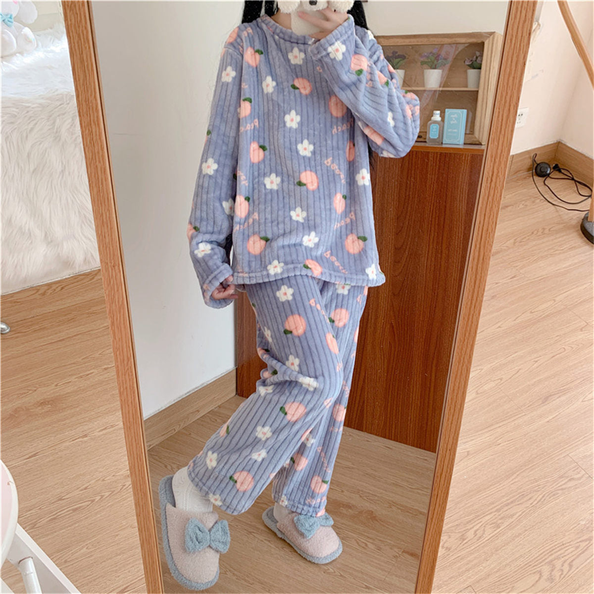 Bear bow print coral fleece suit home clothes