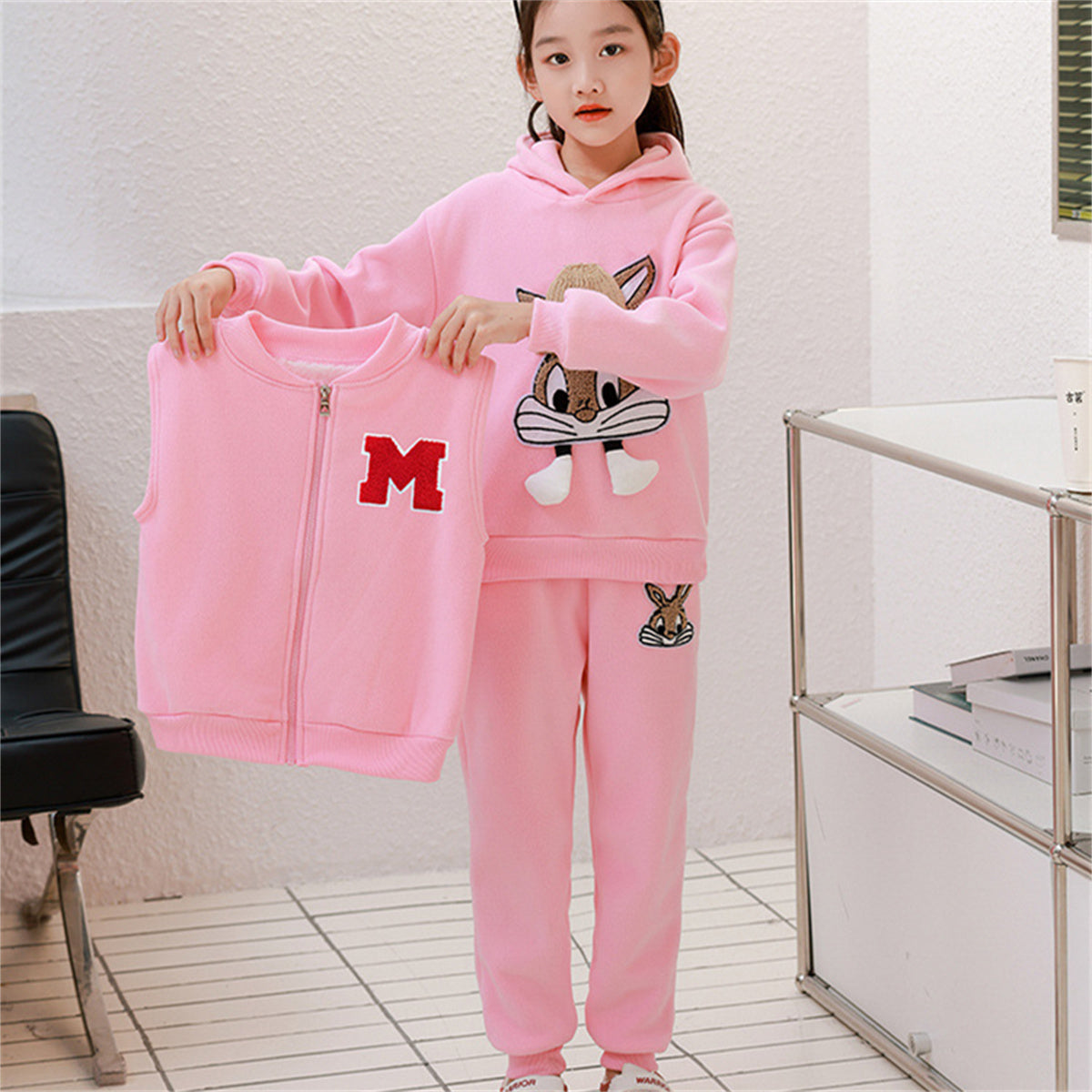 Girls autumn and winter three-piece suits plus velvet and thick sports casual style cute pattern multi-piece suit