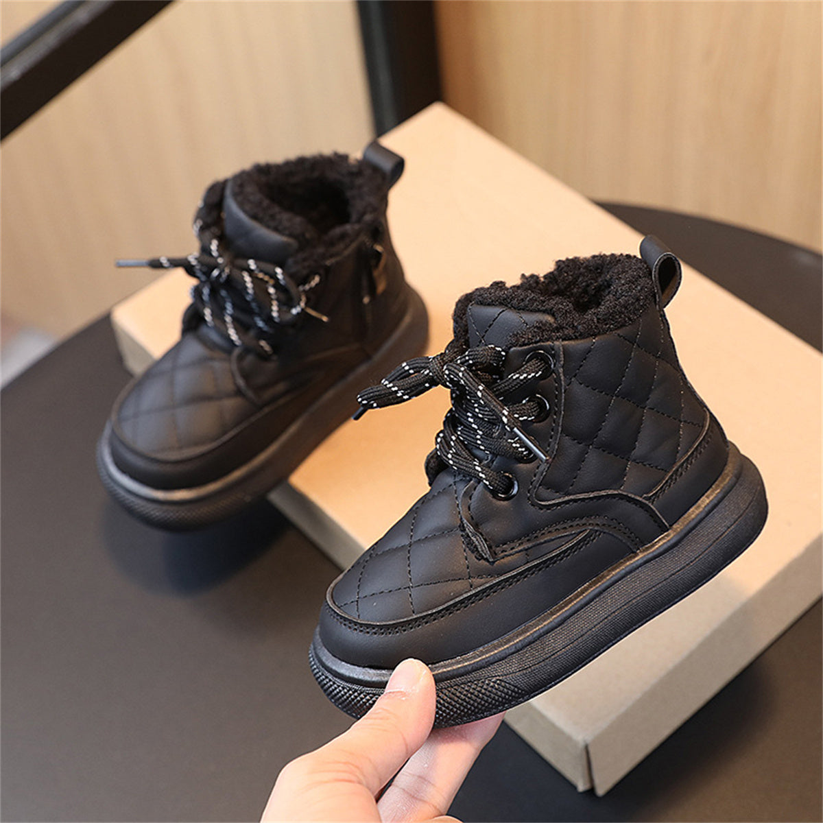 Children's girls' solid color simple British style warm plus velvet fashionable waterproof non-slip high top cotton shoes