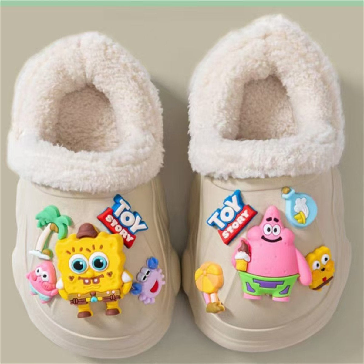 Children's autumn and winter boys and girls' SpongeBob SquarePants plush warm furry shoes non-slip soft bottom closed toe cotton slippers