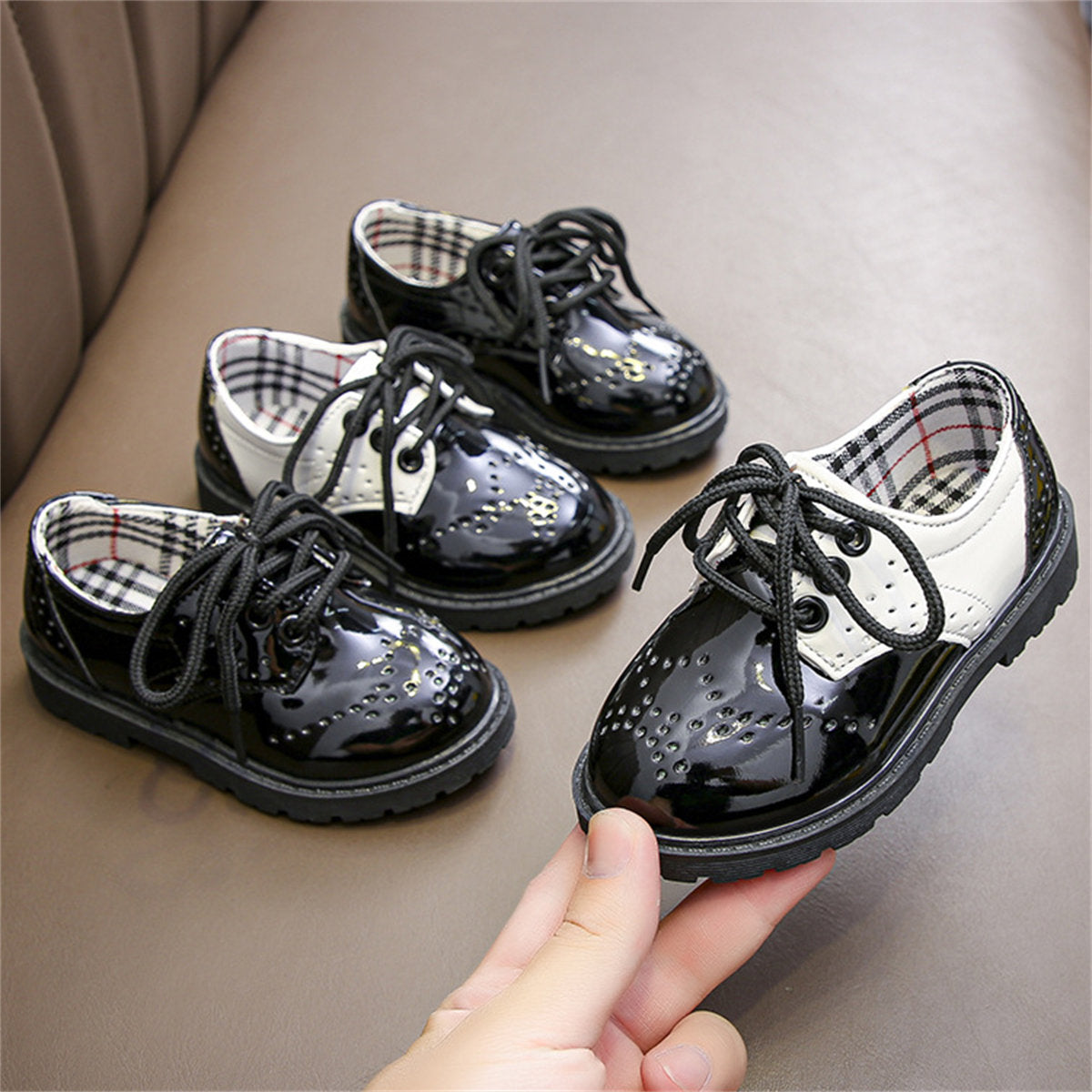 Little boy's spring and autumn British gentleman style party performance plaid waterproof water-soled leather shoes