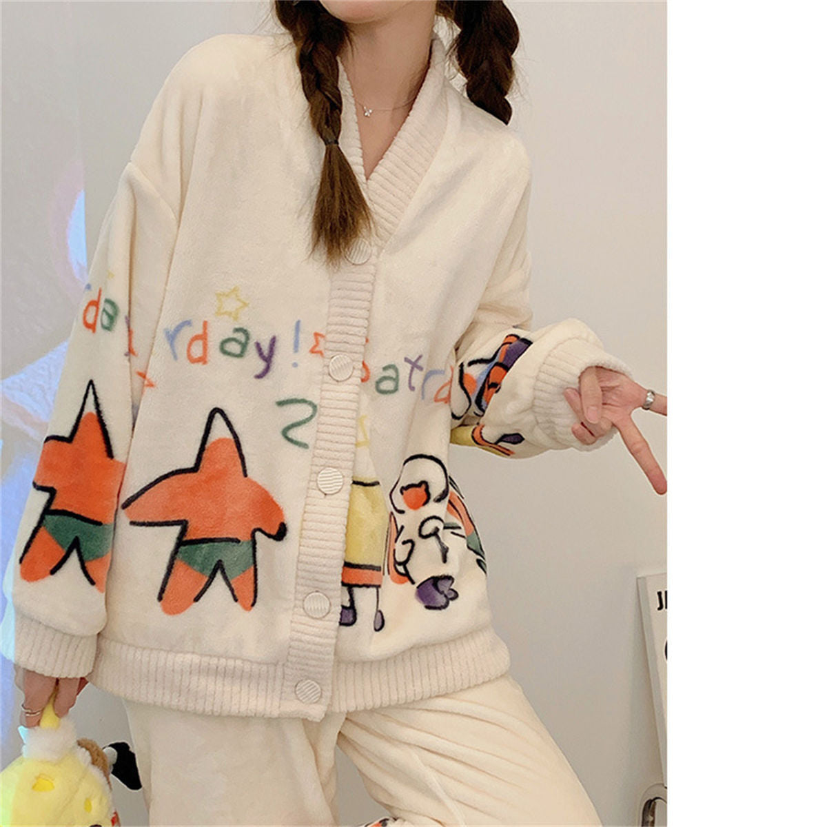 Cartoon flannel pajamas women thick coral fleece long sleeve cardigan plush suit