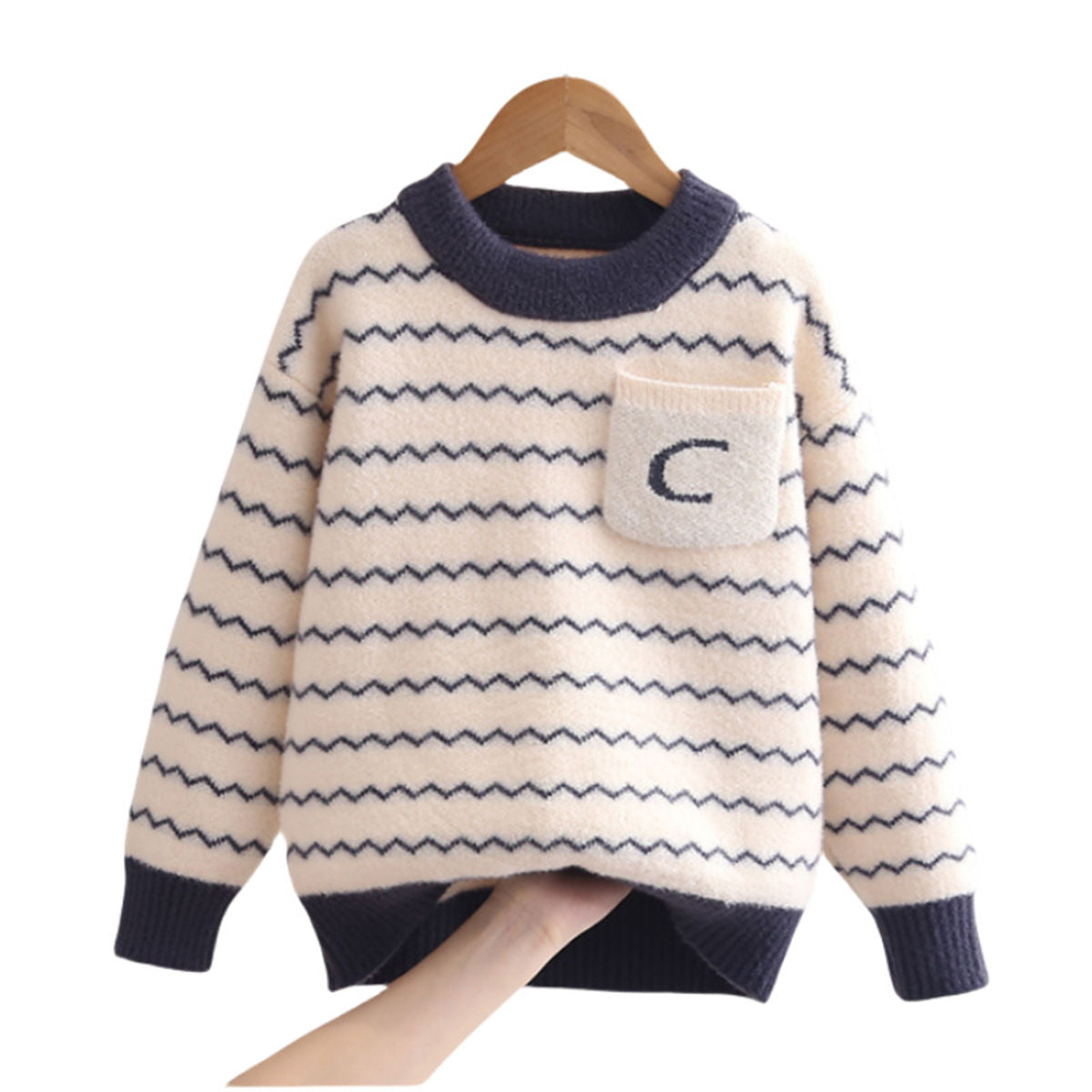 Winter simple horizontal striped pullover sweater for middle and large boys