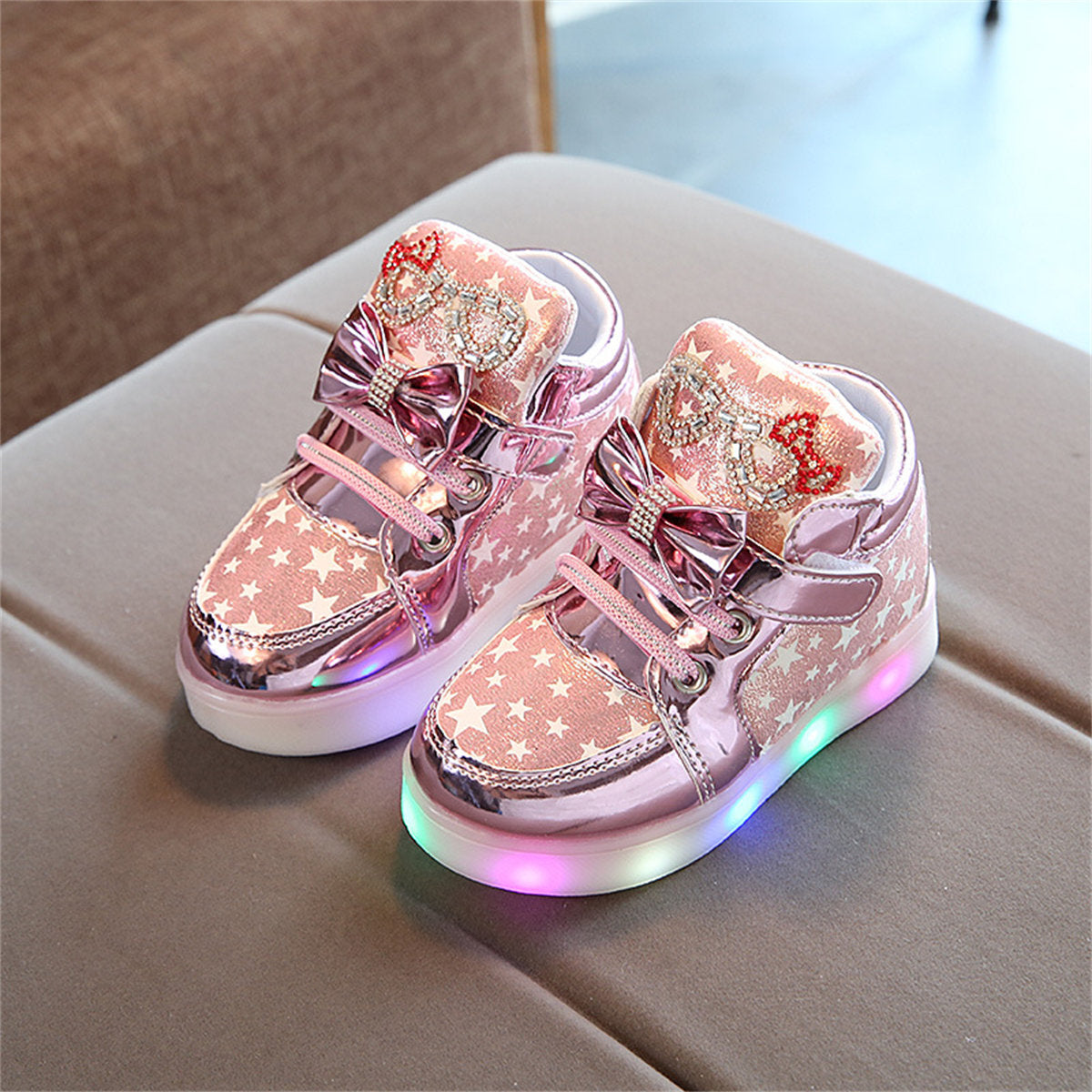 Cute and elegant bow-knot glittering LED high-top sneakers for little girls