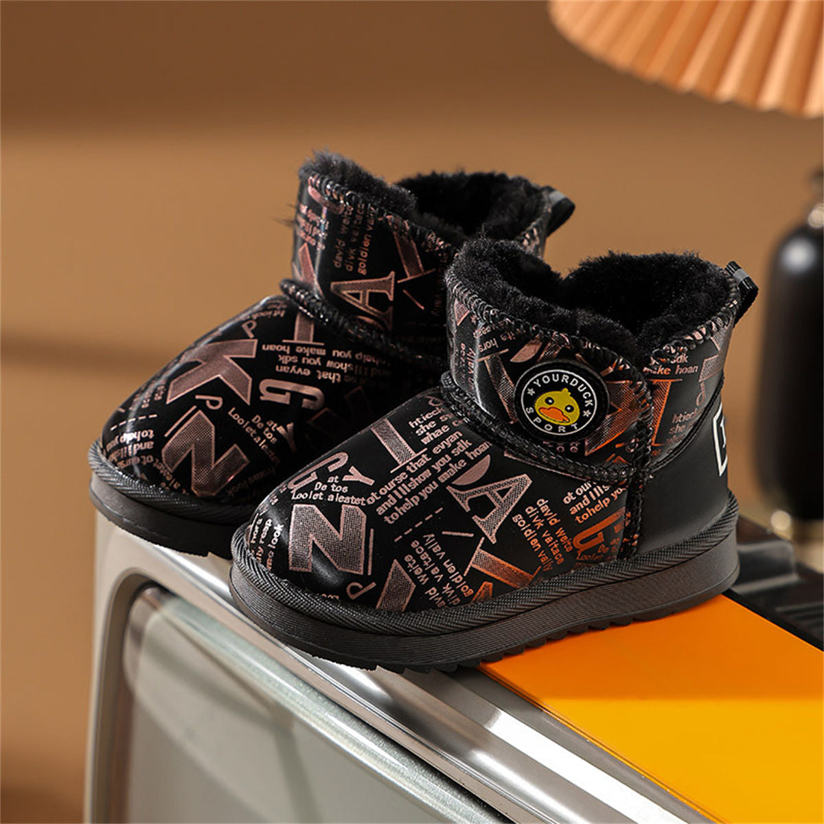 Winter yellow duck printed letter style casual waterproof warm snow boots for boys and girls