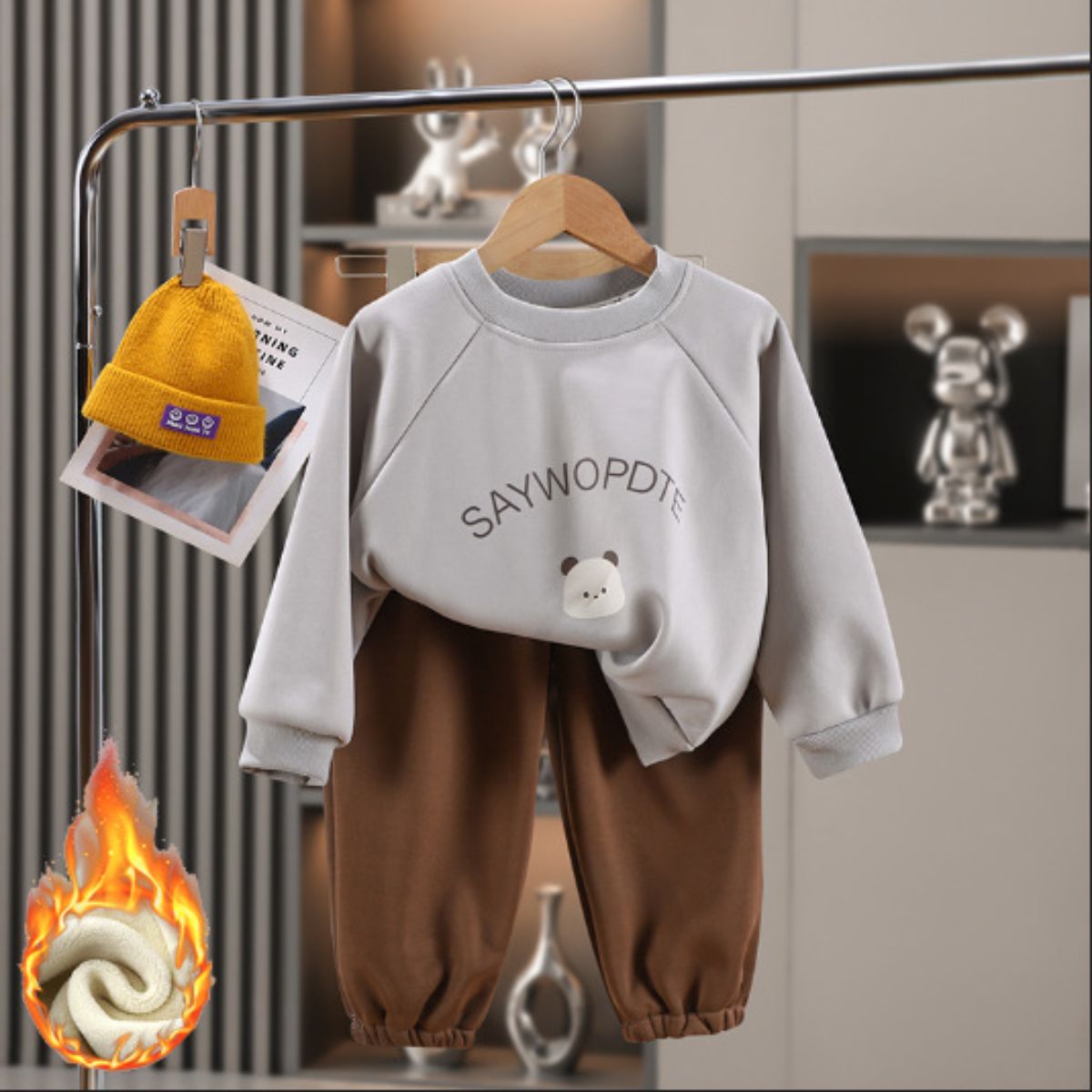 New children's plus velvet suit autumn and winter middle and large children's sweatshirt sweatpants boys and girls fashionable two-piece suit