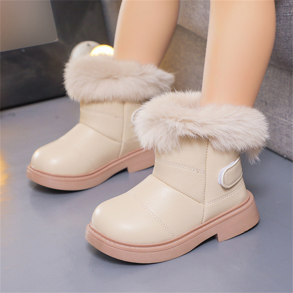 Children's girls winter plush solid color cute plush edge waterproof cotton boots