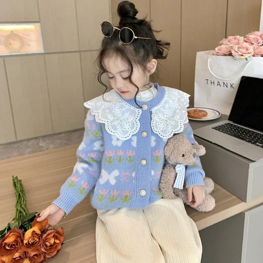 Girls ruffled sweater knitted cardigan