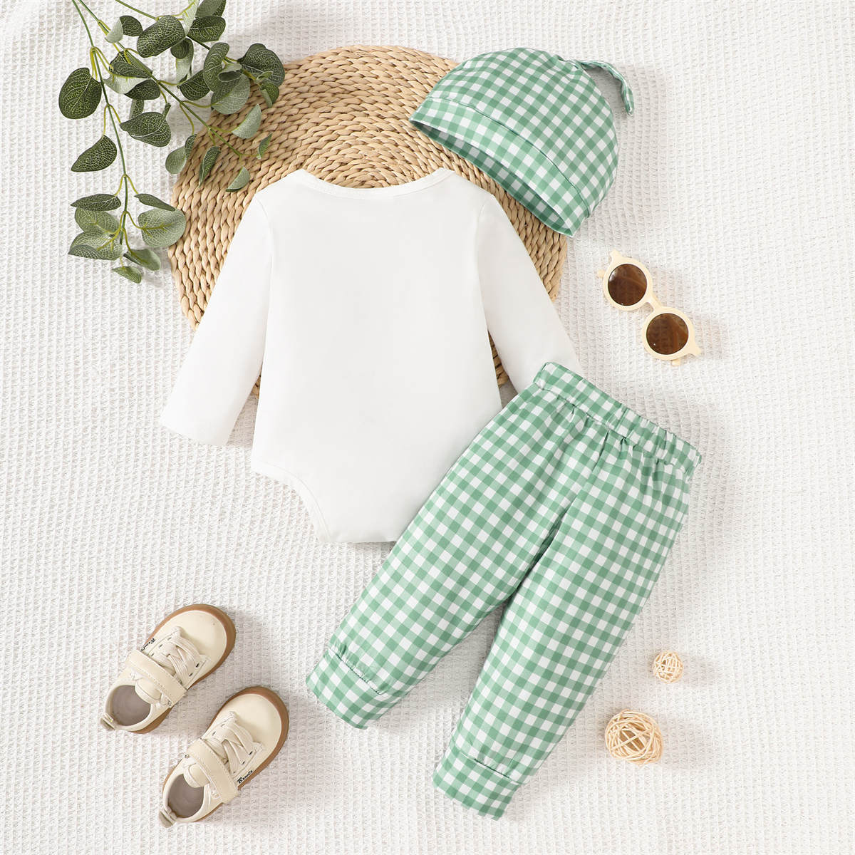 Baby Boy Cartoon Embroidery Long Sleeve Romper Plaid Pants + Hat Three-piece Set