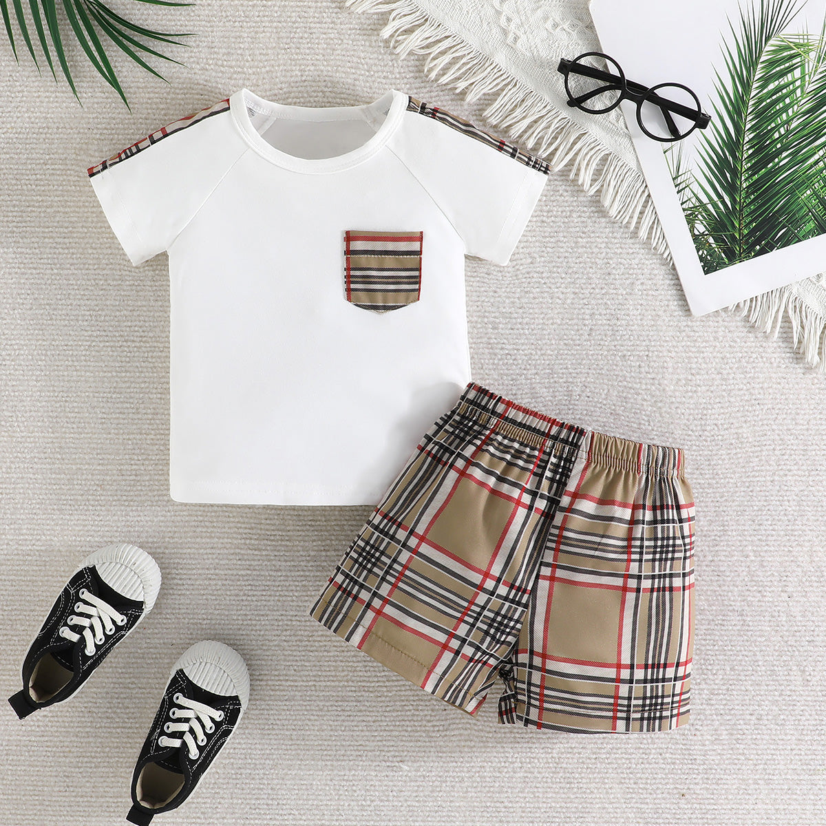 2pcs Set Baby Boy Plaid Pocket T-Shirt And Shorts Set