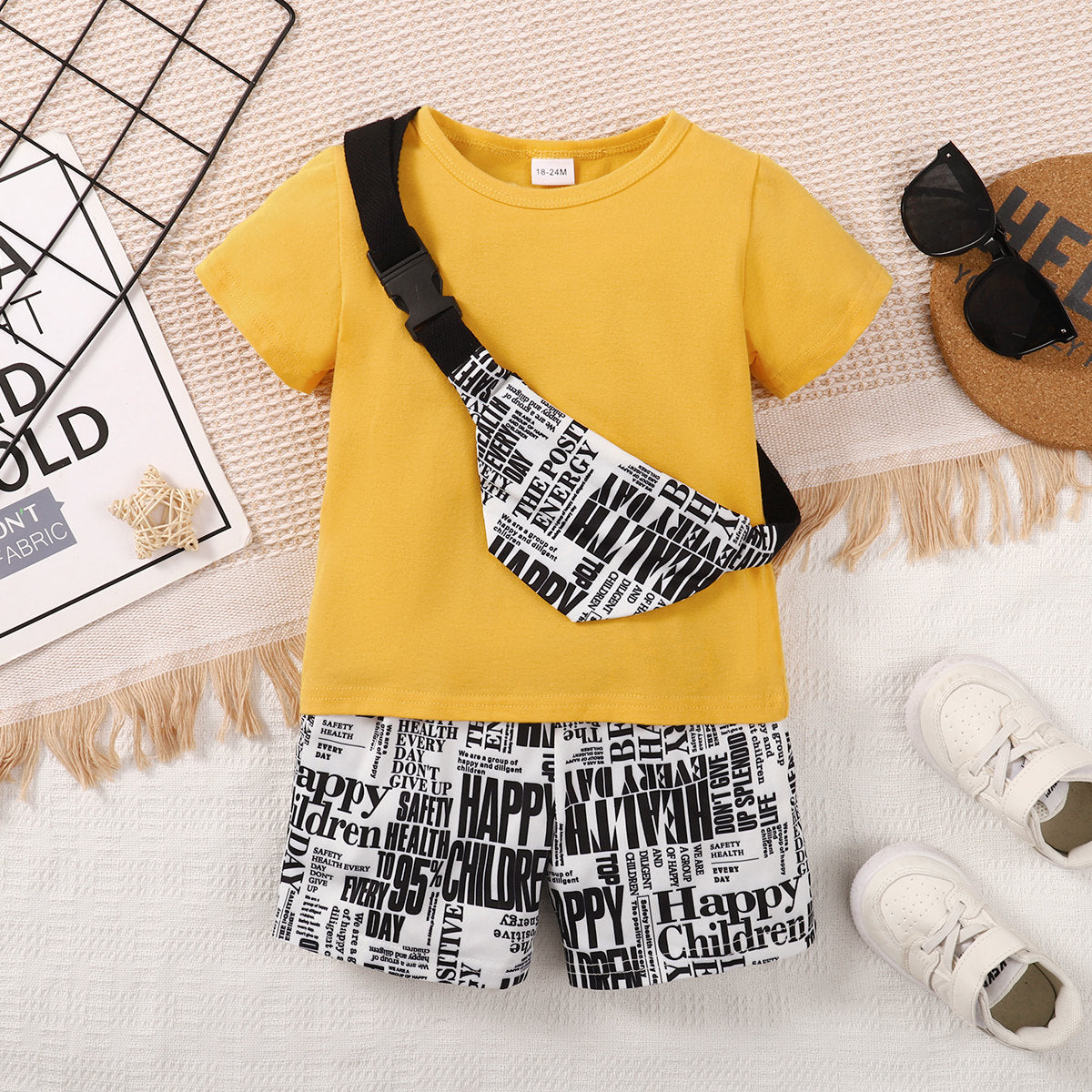 3-piece Toddler Boy Solid Color Short Sleeve T-shirt & Allover Letter Printed Shorts & Matching Crossbody Shoulder Bag