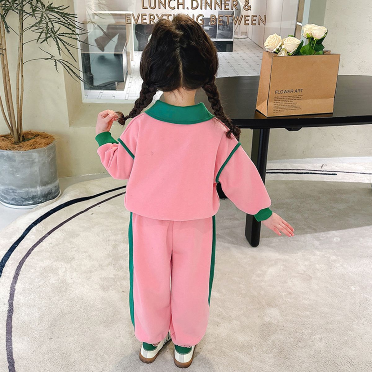 Girls Autumn Lapel Flower Colorblock Sports Suit