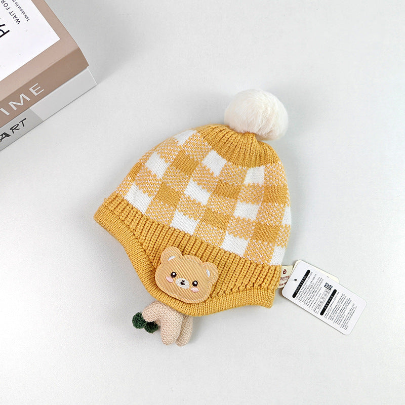 Children's boys and girls cute doll bear plaid knitted warm pullover wool hat