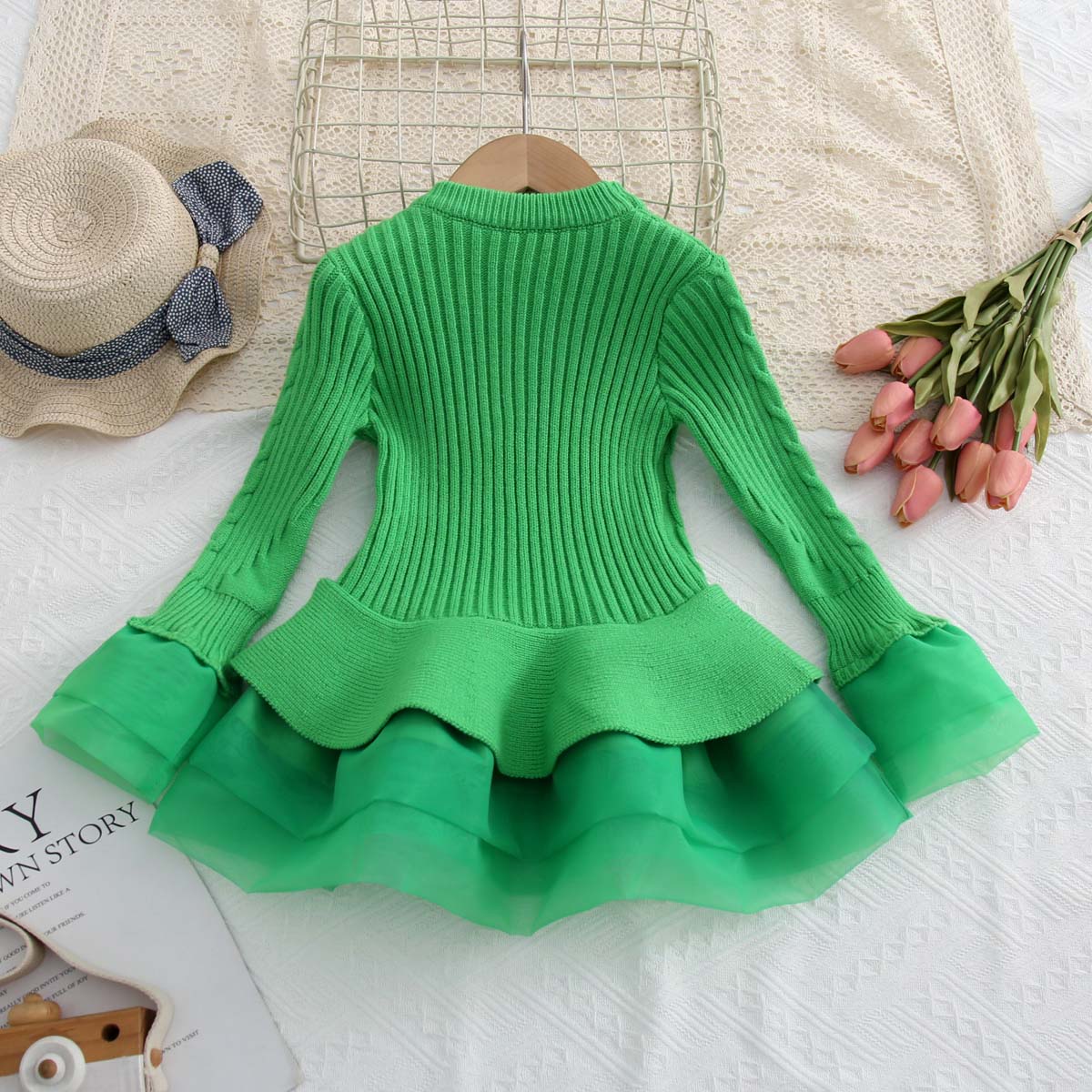 Multicolor Autumn Children's Clothing Knitted Long Sleeve Girls Princess Organza Sweater Dress