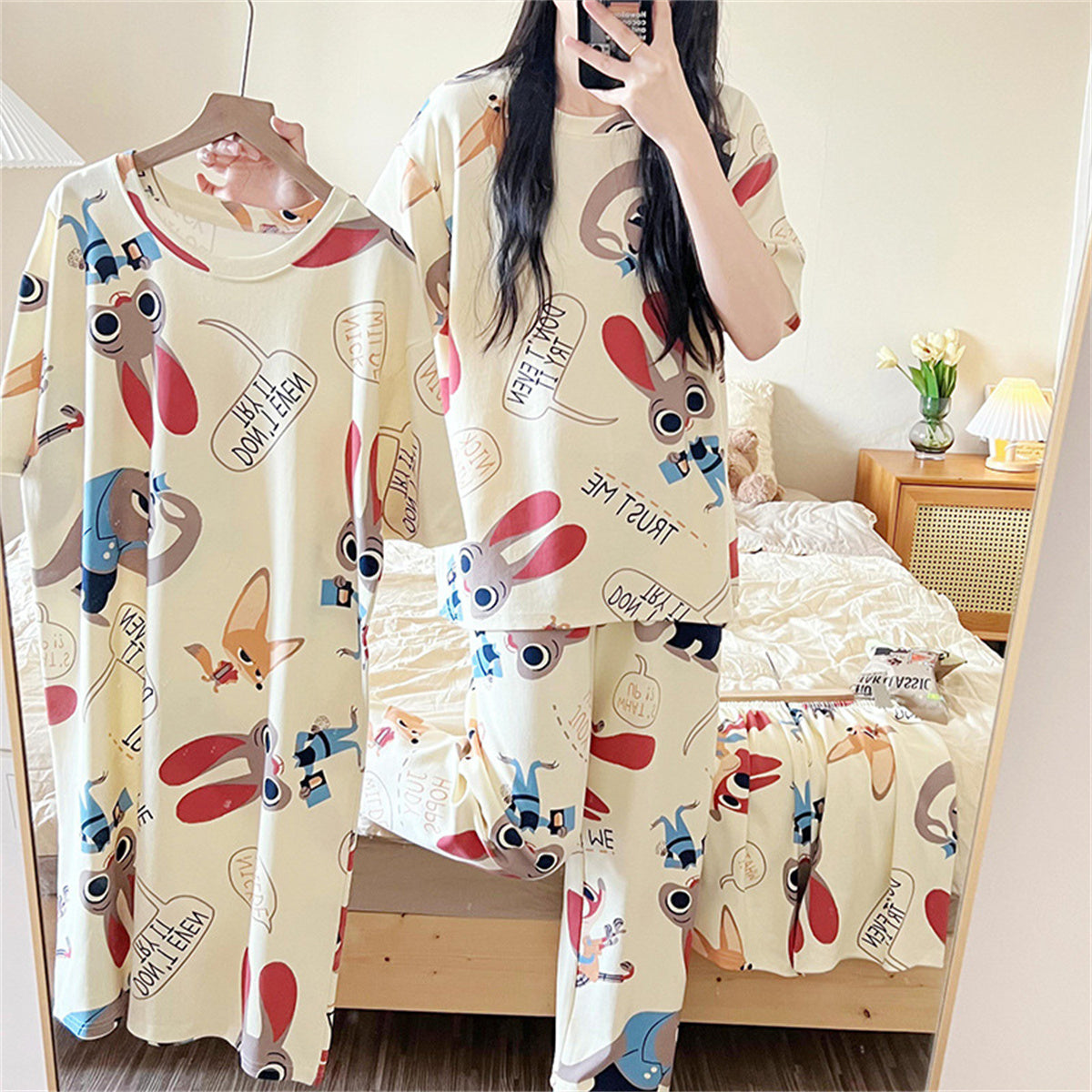 Adult imitation cotton loose four-piece short-sleeved nightgown trousers home clothes suit