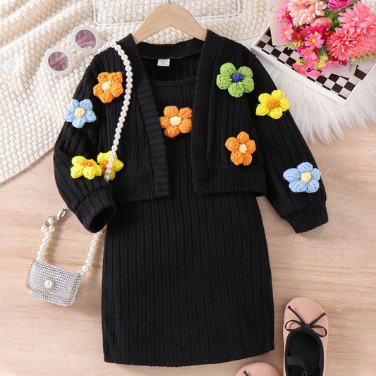 New autumn and winter small and medium girls flower dress suit