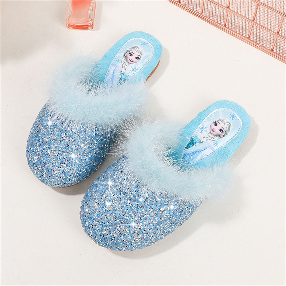 Winter Princess Elsa fur-edged sequined cotton slippers for middle and older girls