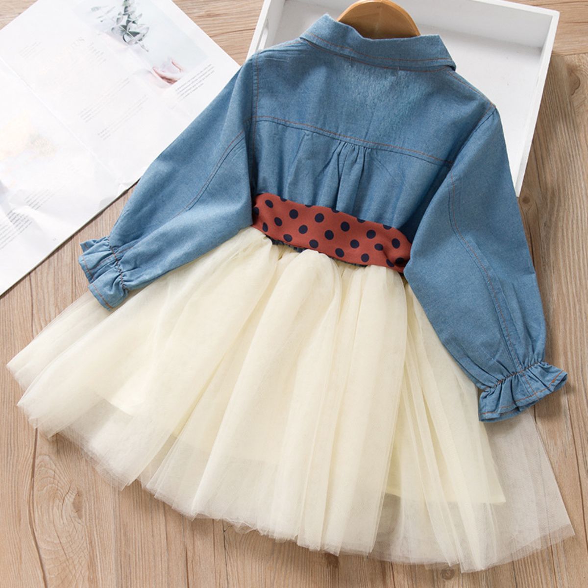 New autumn girls dress small and medium children's fashionable long-sleeved denim skirt polka dot belt skirt