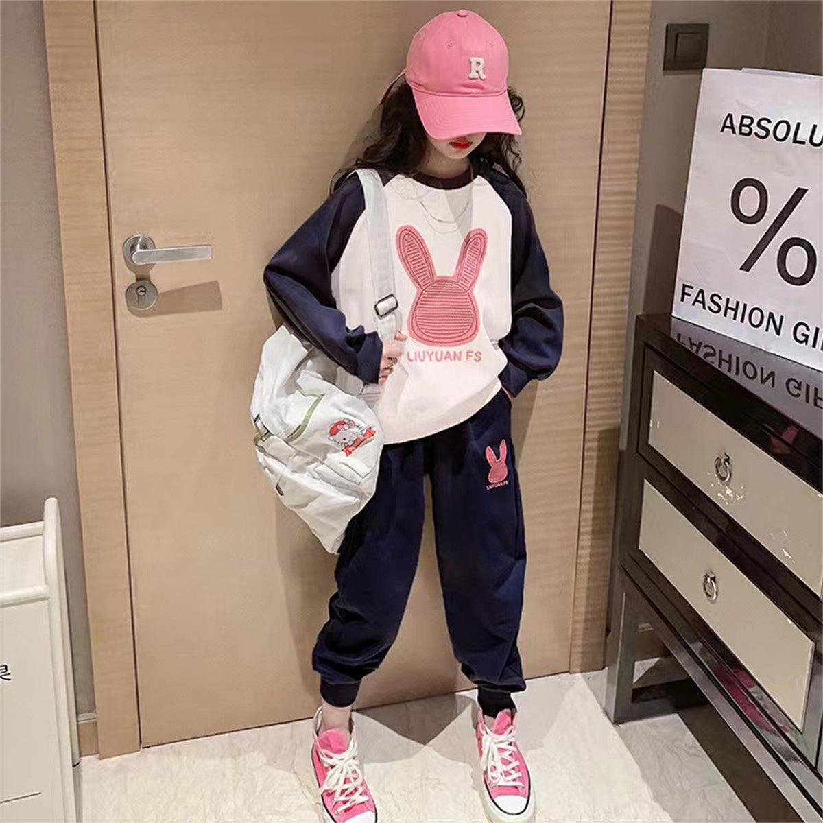 Girls Cartoon Rabbit Pattern Sweater Fashion Suit Sports Two-piece Suit