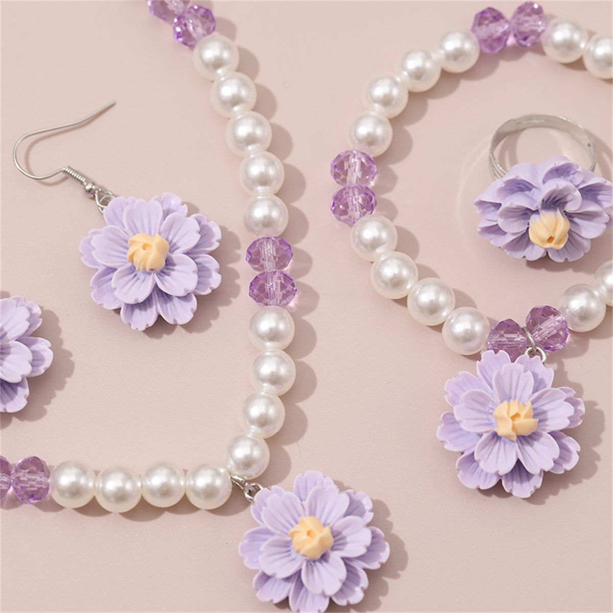 Children's 4-piece design sweet style imitation pearl flower pendant jewelry set