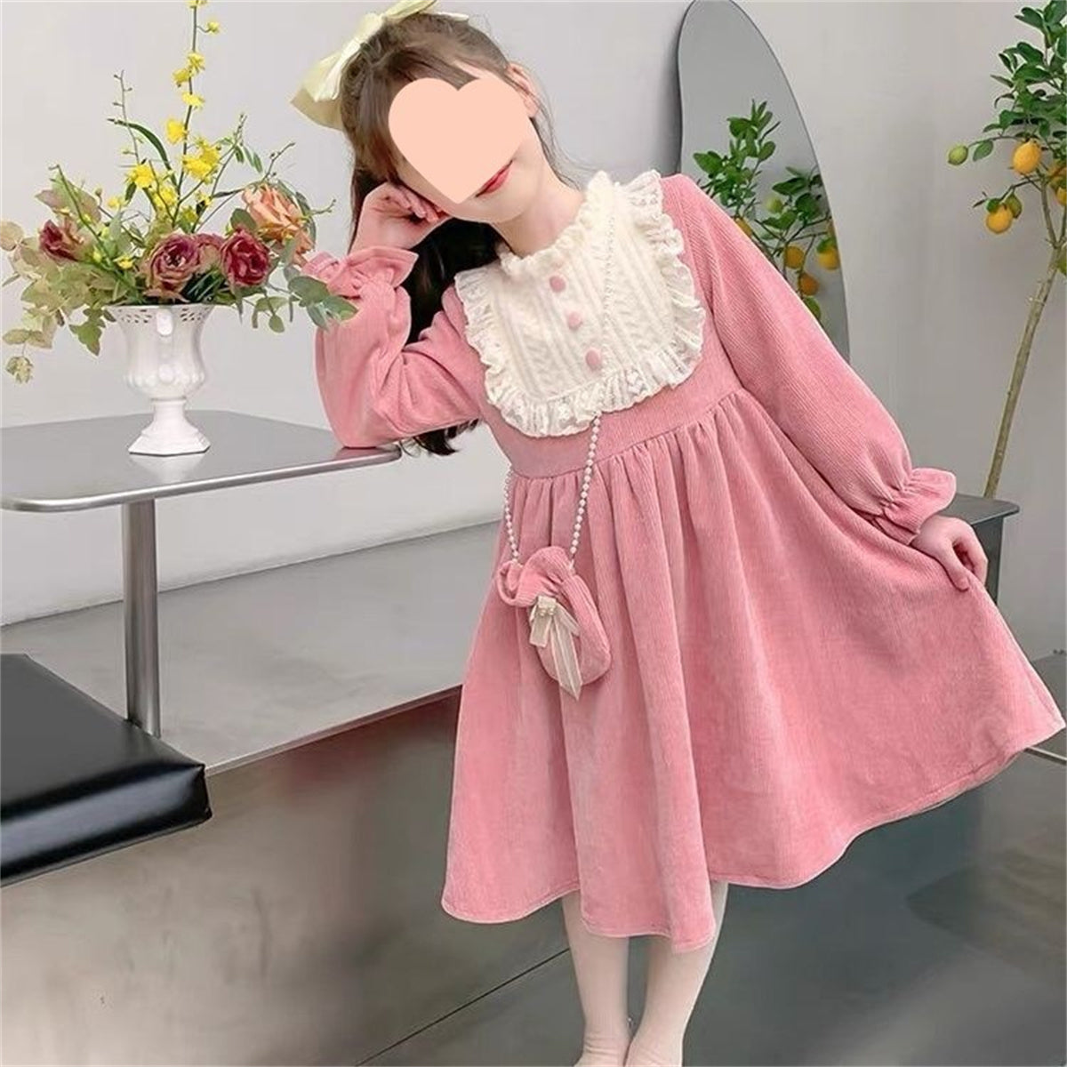 Children's lace collar fleece dress