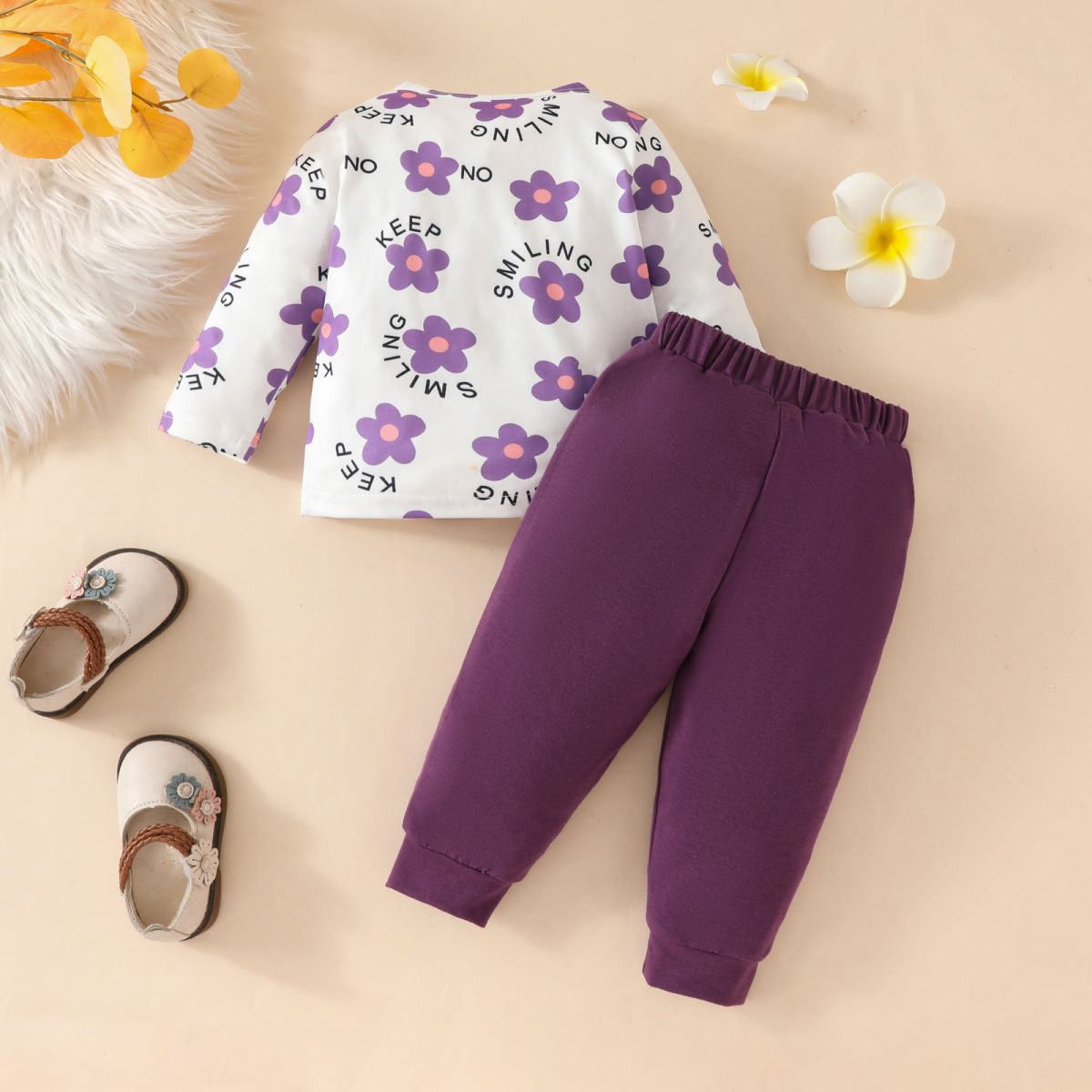 Baby Girl Spring and Autumn Casual Cute Letter Flower Long Sleeve Sweater + Pants Two-piece Set