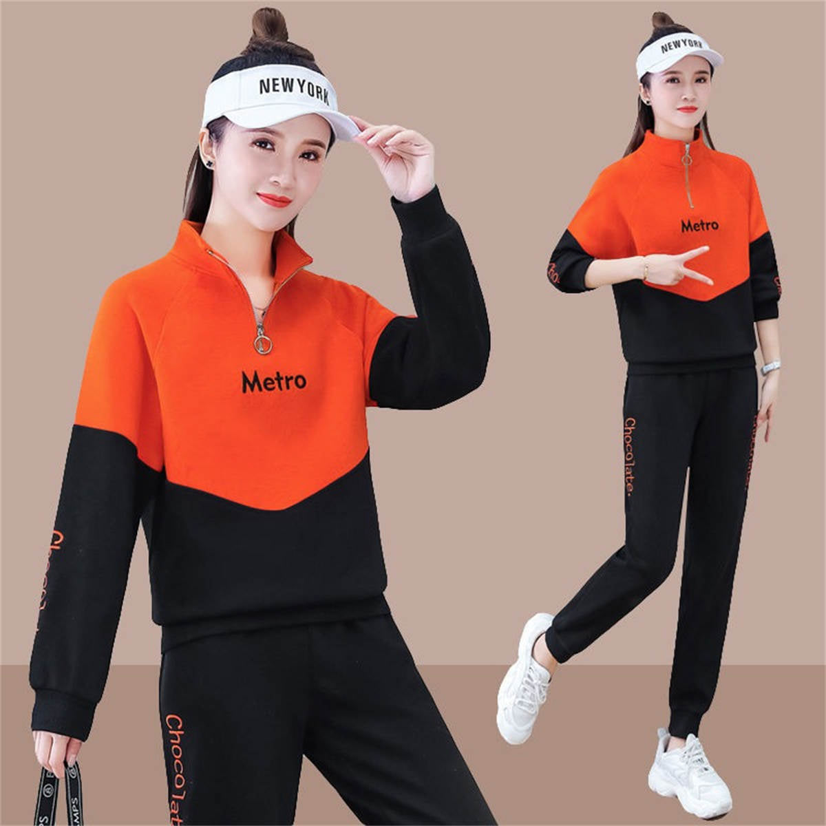 Women's sports large size stand collar sweatshirt suit