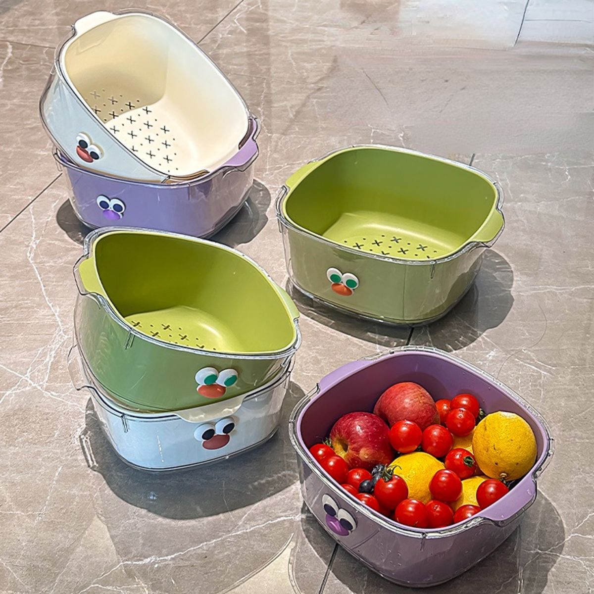 Double-layer drain basket household cute fruit basket cleaning water filter two-in-one thickened fruit plate washing vegetable basket