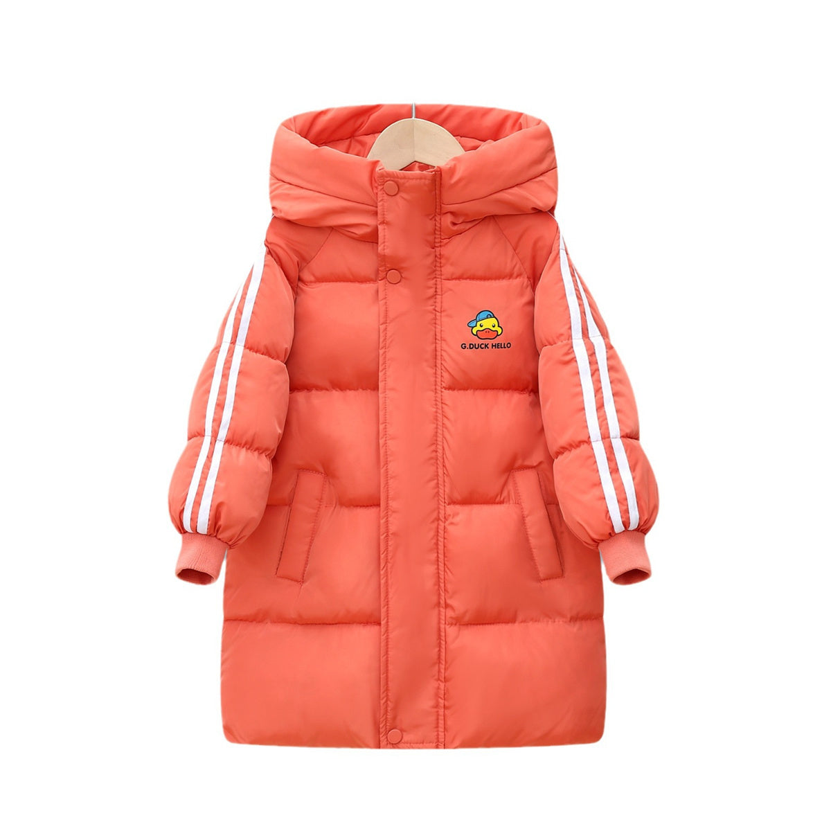 Winter yellow duck cute solid color waterproof warm long down jacket for boys and girls