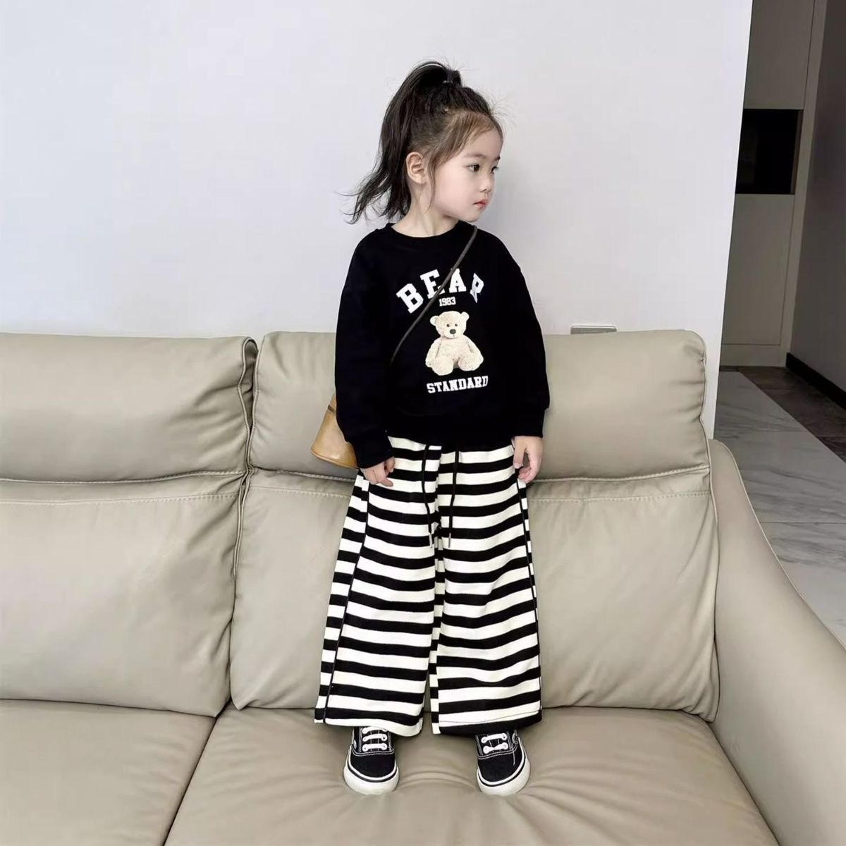 Girls Cartoon Sweatshirt Striped Wide Leg Pants Suit Casual Two-piece Suit