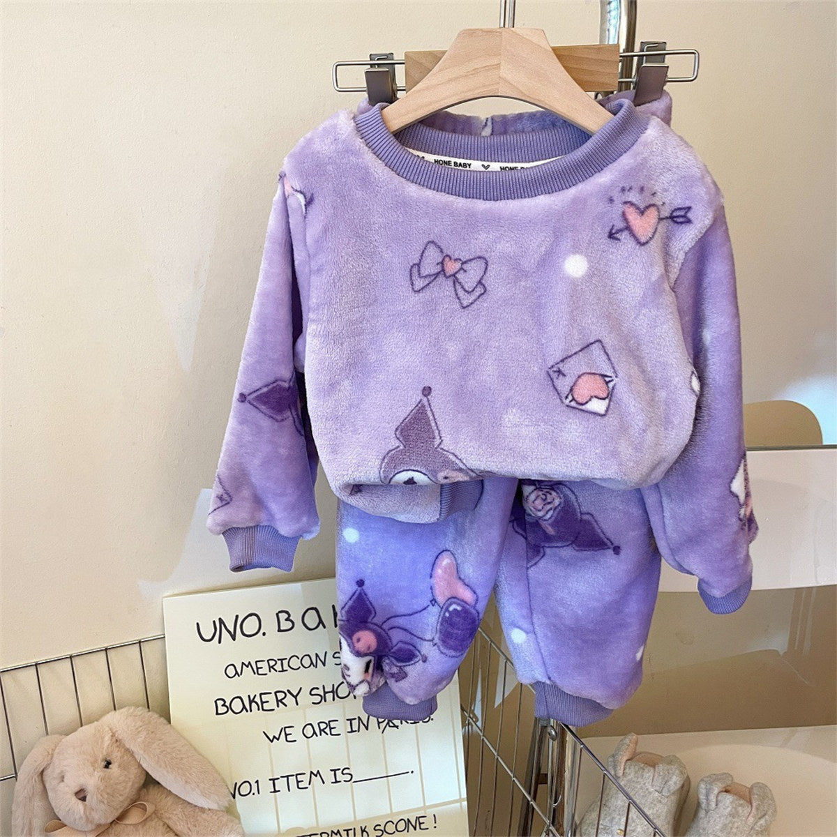 Flannel Pajamas Children Coral Fleece Girls Baby Cartoon Round Neck Home Clothes Plush Thick Set