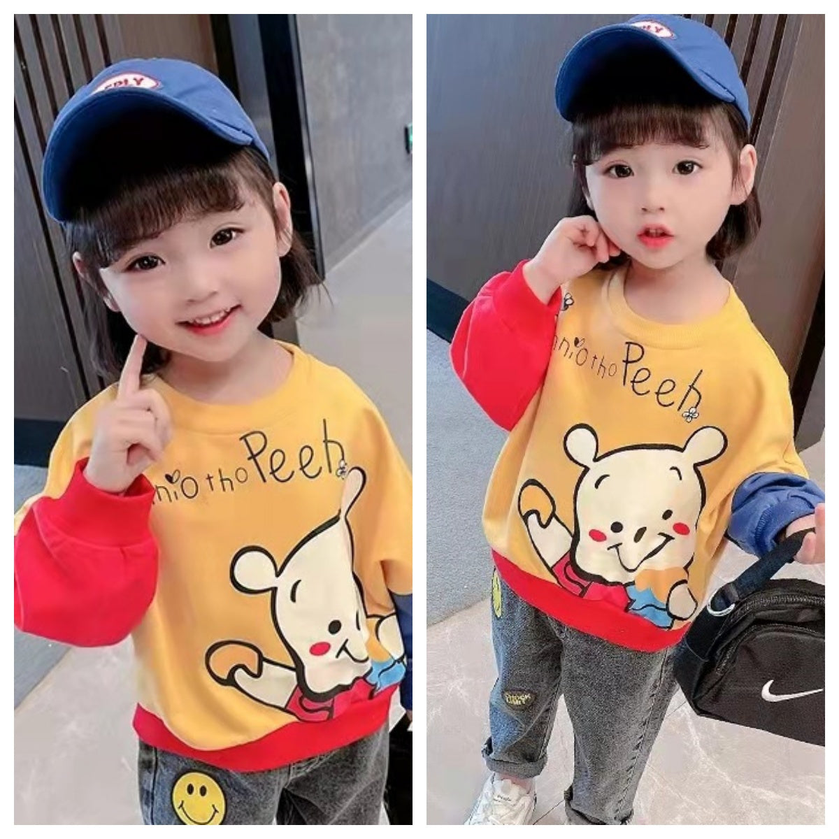 Boys and girls baby stylish cartoon bear contrast color long sleeve sweatshirt