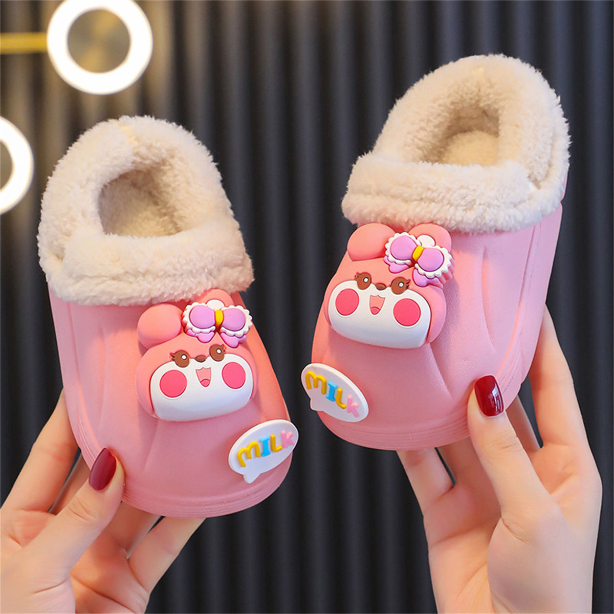 Winter waterproof plush 3D cartoon bear pattern cotton slippers for boys and girls