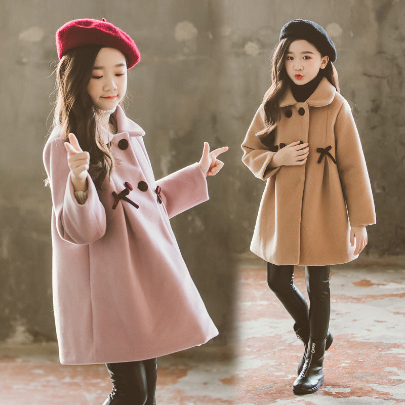 Girls solid color cute medium-length princess woolen coat