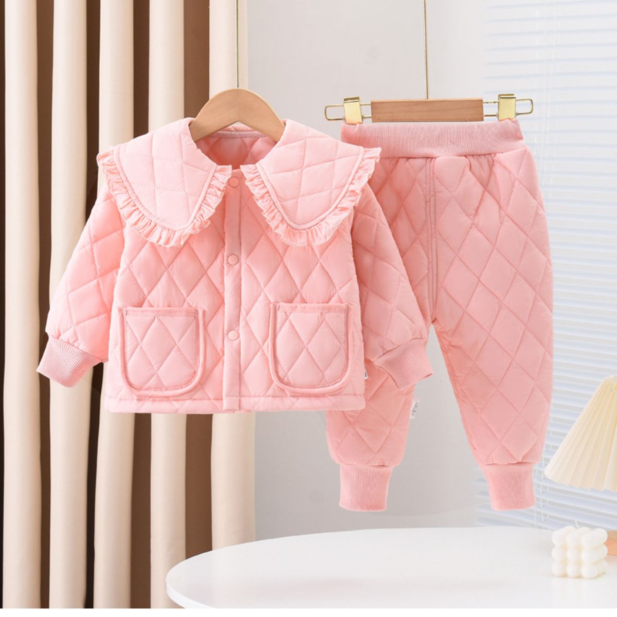 Girls winter suit new style baby autumn and winter quilted two-piece suit doll collar plus cotton cotton clothes