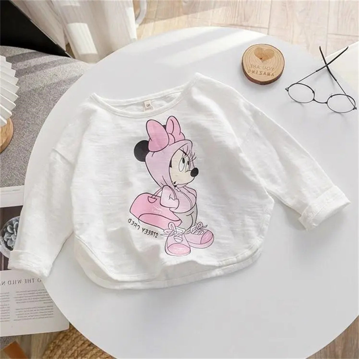 Girls Spring and Autumn Bamboo Cotton Minnie Cartoon White T-shirt