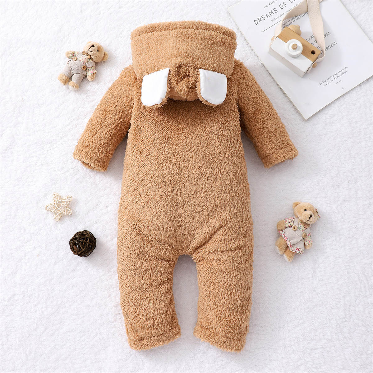 Autumn and winter baby hooded bear shape embroidered zipper jumpsuit