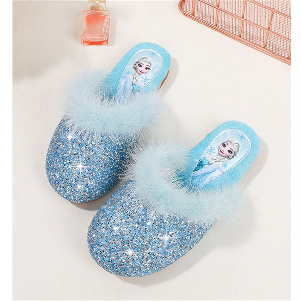 Winter Princess Elsa fur-edged sequined cotton slippers for middle and older girls