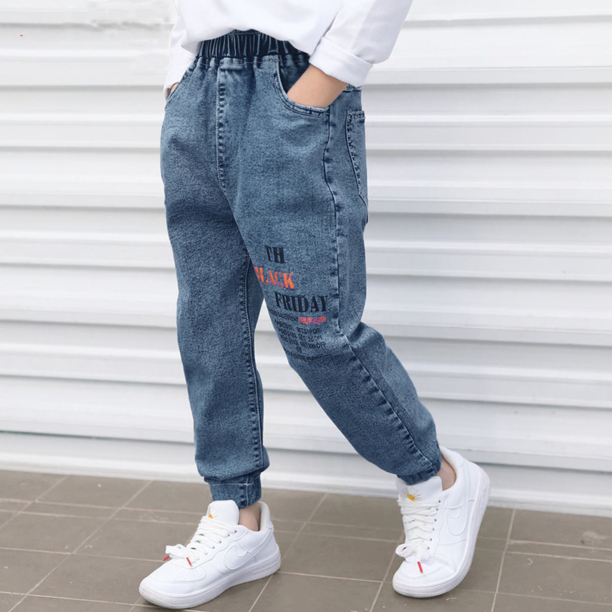 Toddler Boy Solid Color Letter Printed Straight Denim Pants