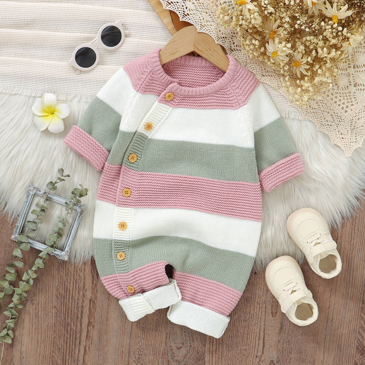 Baby patchwork one-piece knitted long-sleeved long-legged romper