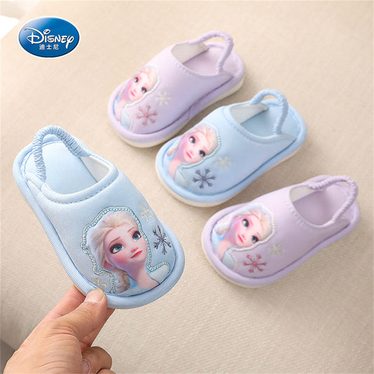 Children's girl's ice and snow princess thick warm elastic band heel cap cotton slippers