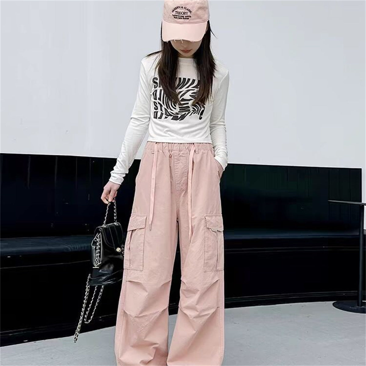 Girls Urban Sports Style Multi-Pocket Solid Color Woven Trousers