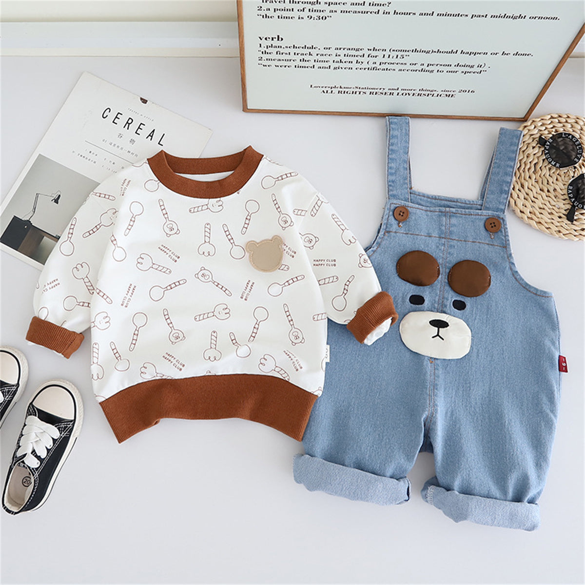 Boys Spring and Autumn Cartoon Denim Overalls Two-piece Set