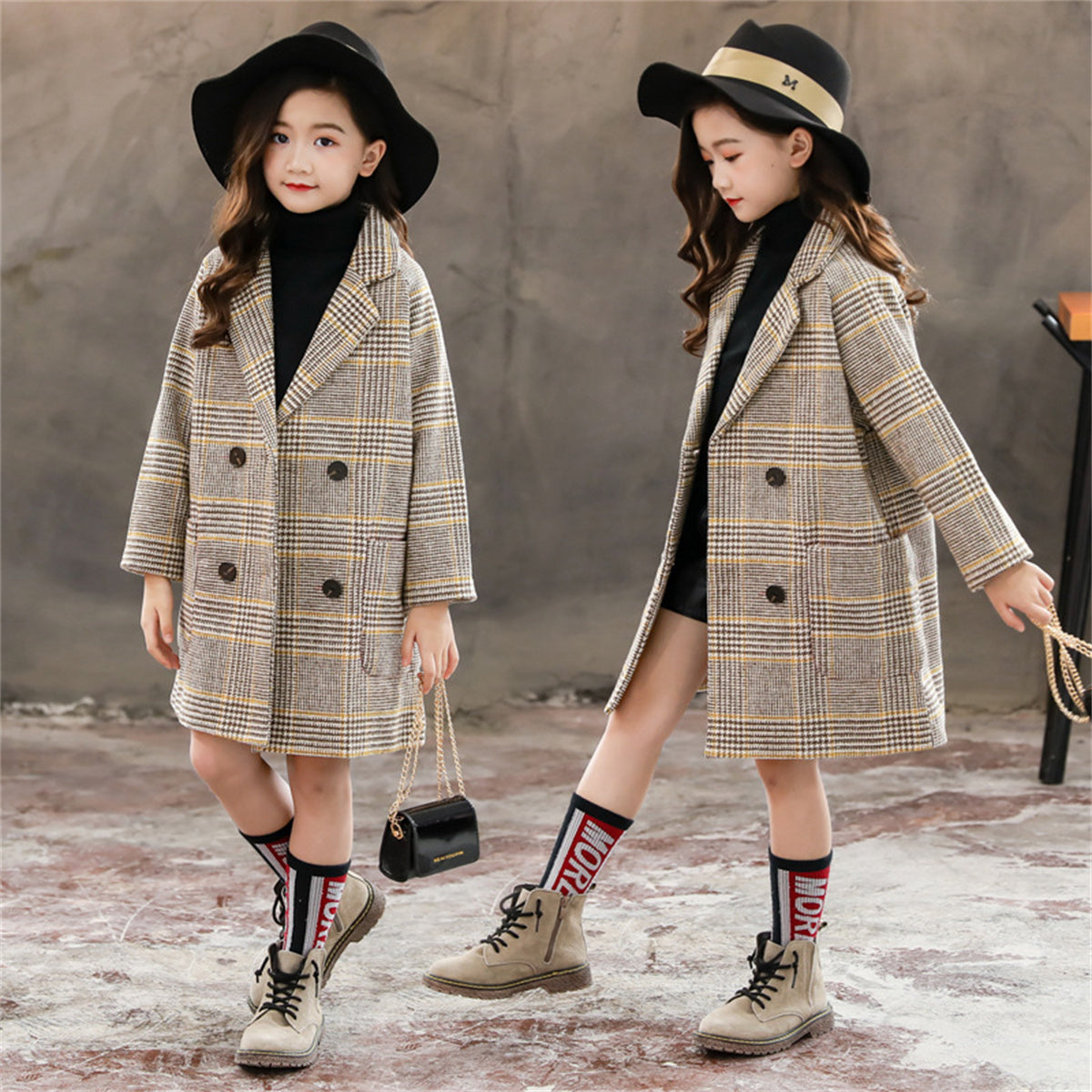 Girls' mid-length plaid woolen coat